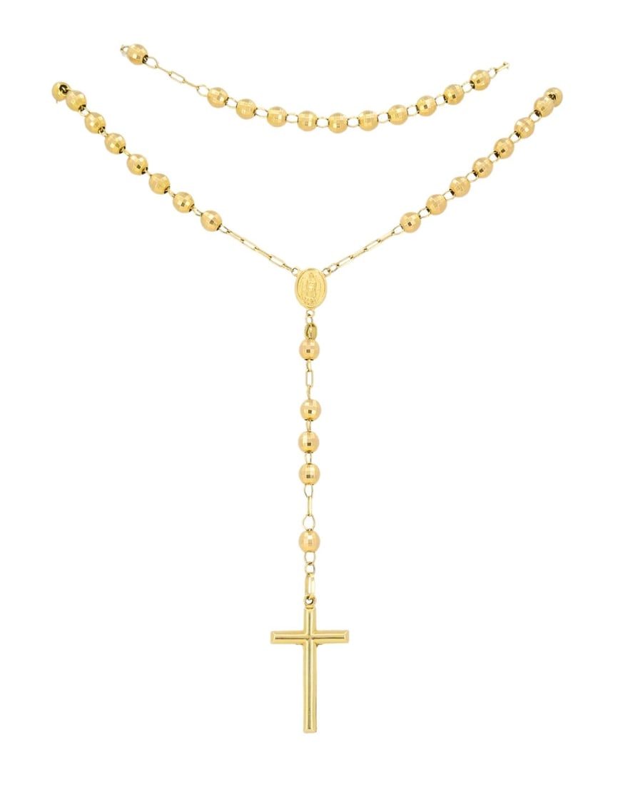 14k Gold Rosary Cross Necklace Beaded Chain - 9