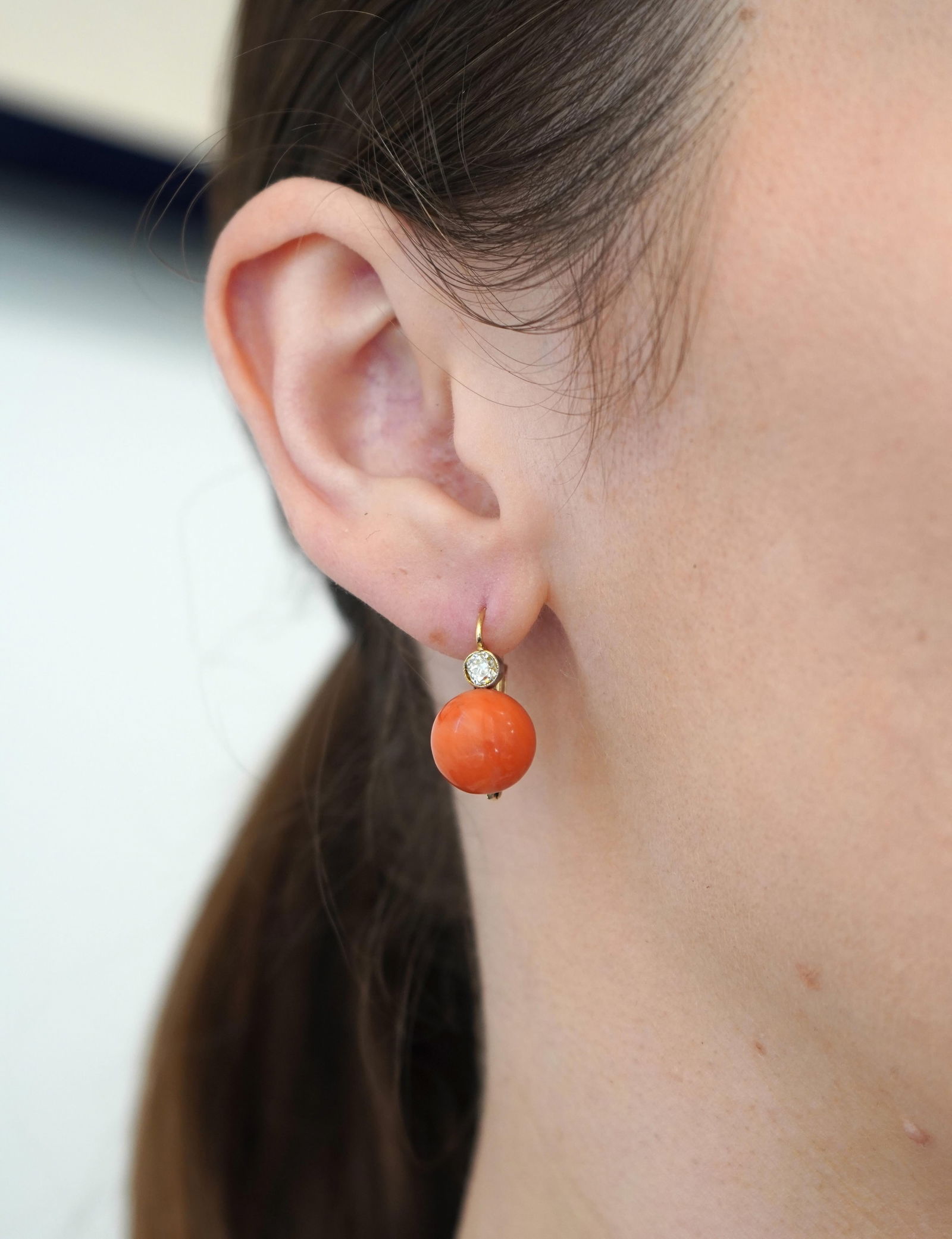 Vintage Mid-Century 14k Gold Coral Diamond Drop Earrings - 6