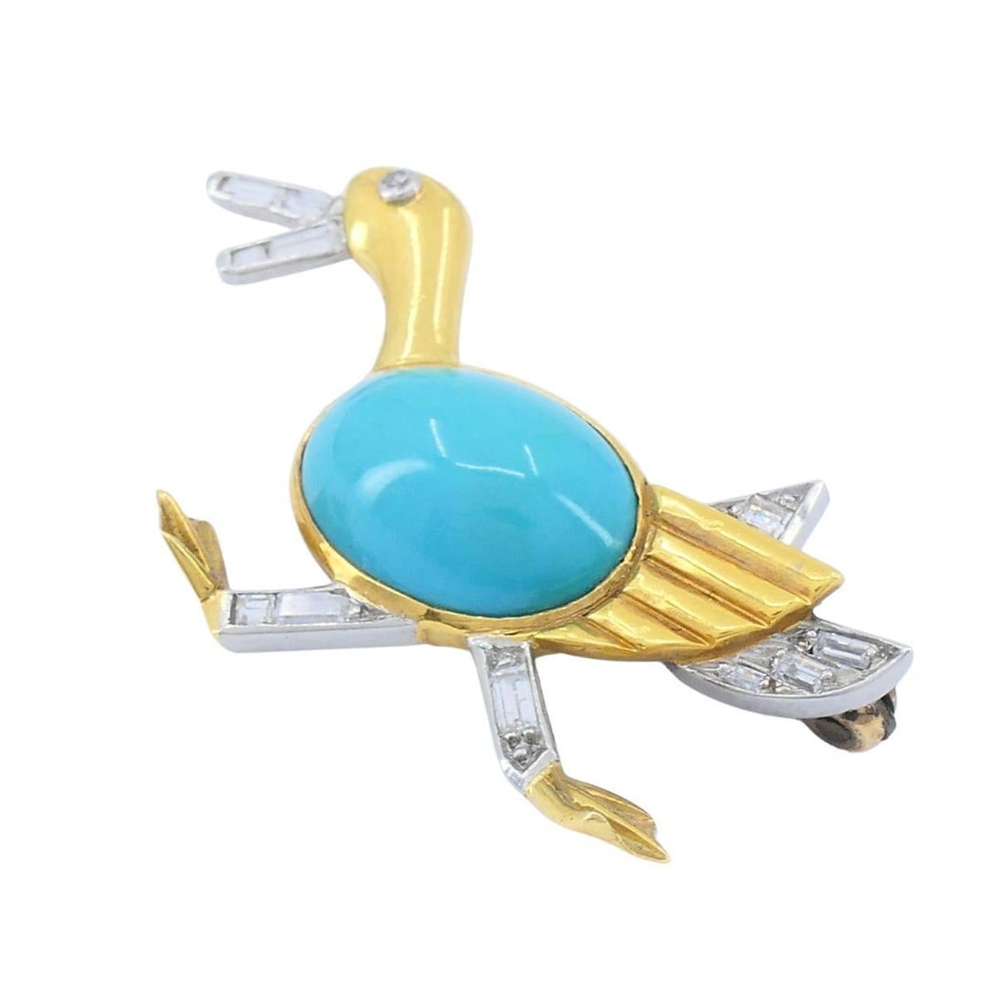 Marchak French 18k Gold Platinum Diamond Turquoise Duck Brooch - 10
