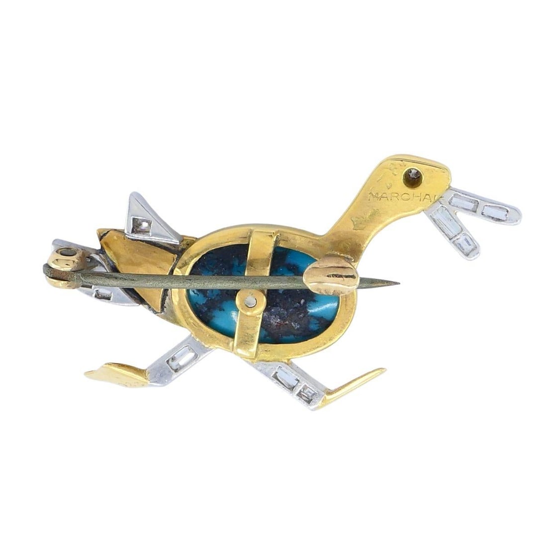 Marchak French 18k Gold Platinum Diamond Turquoise Duck Brooch - 12