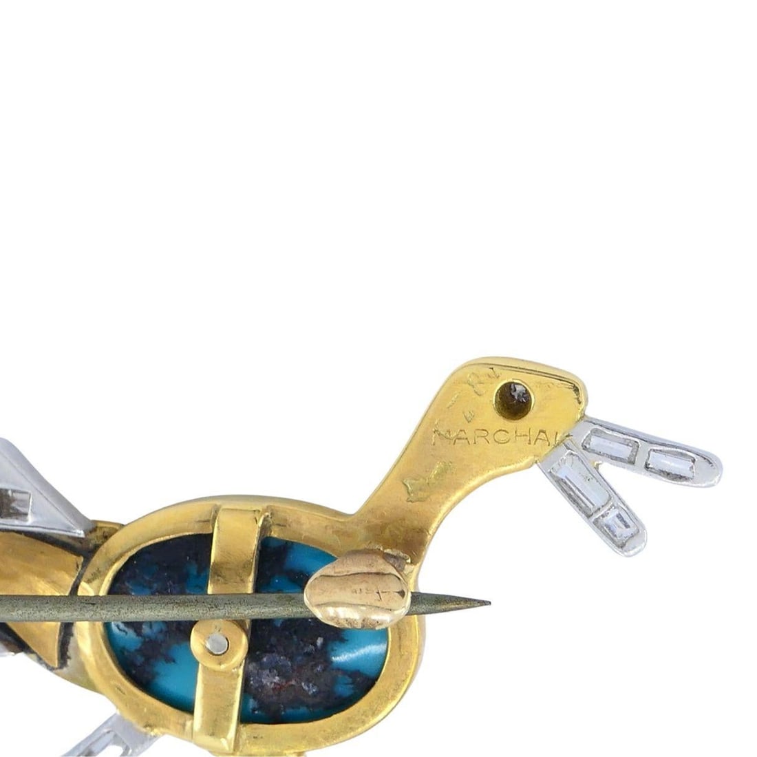 Marchak French 18k Gold Platinum Diamond Turquoise Duck Brooch - 13