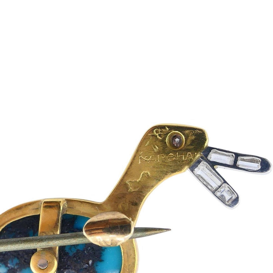 Marchak French 18k Gold Platinum Diamond Turquoise Duck Brooch - 14