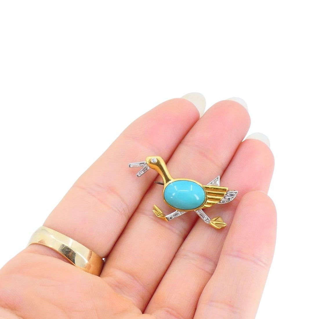 Marchak French 18k Gold Platinum Diamond Turquoise Duck Brooch - 17