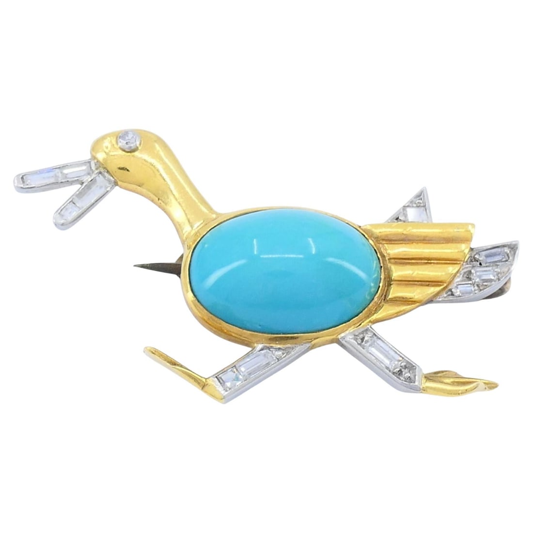 Marchak French 18k Gold Platinum Diamond Turquoise Duck Brooch - 18