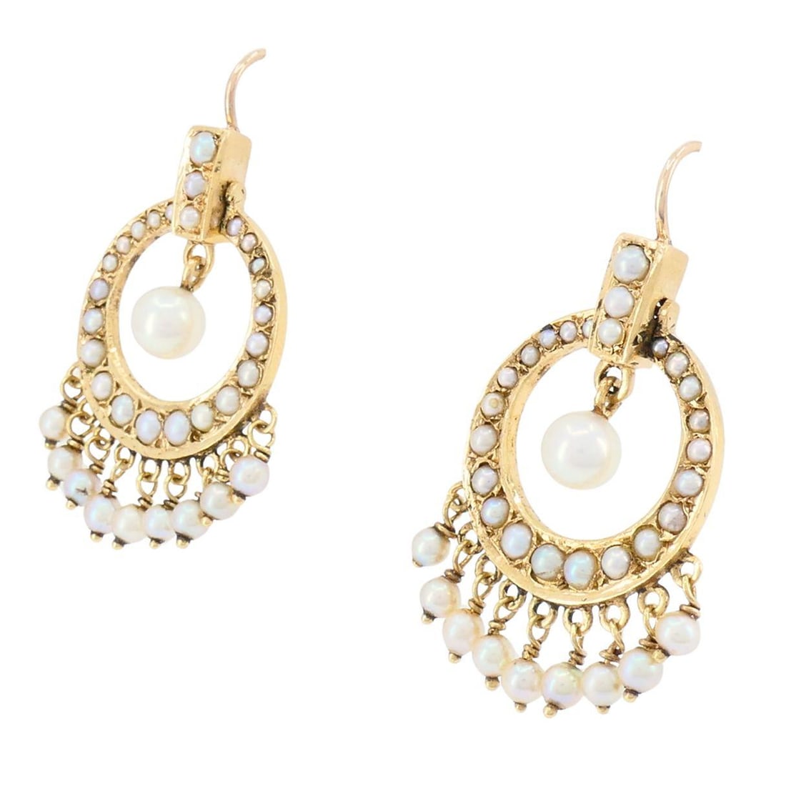 Antique Edwardian 14K Gold Pearl Drop Earrings, Circa 1900 - 2