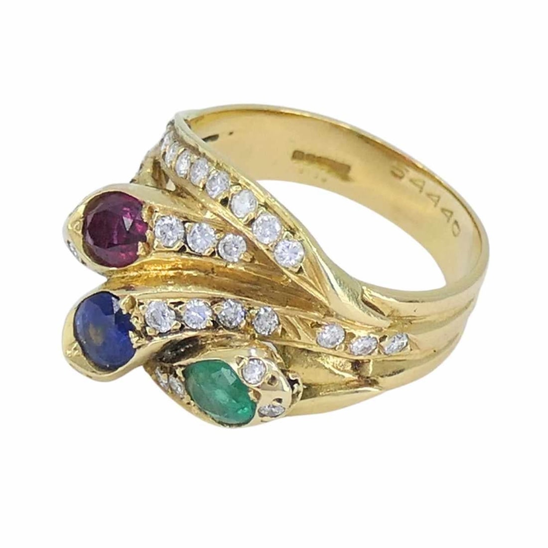 English Vintage 18k Gold Diamond Ruby Emerald Sapphire Snake Ring - 2