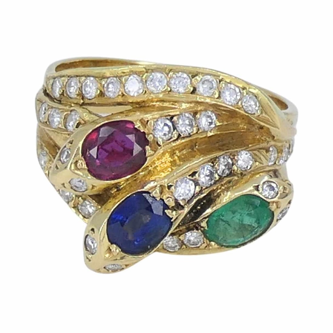 English Vintage 18k Gold Diamond Ruby Emerald Sapphire Snake Ring - 9