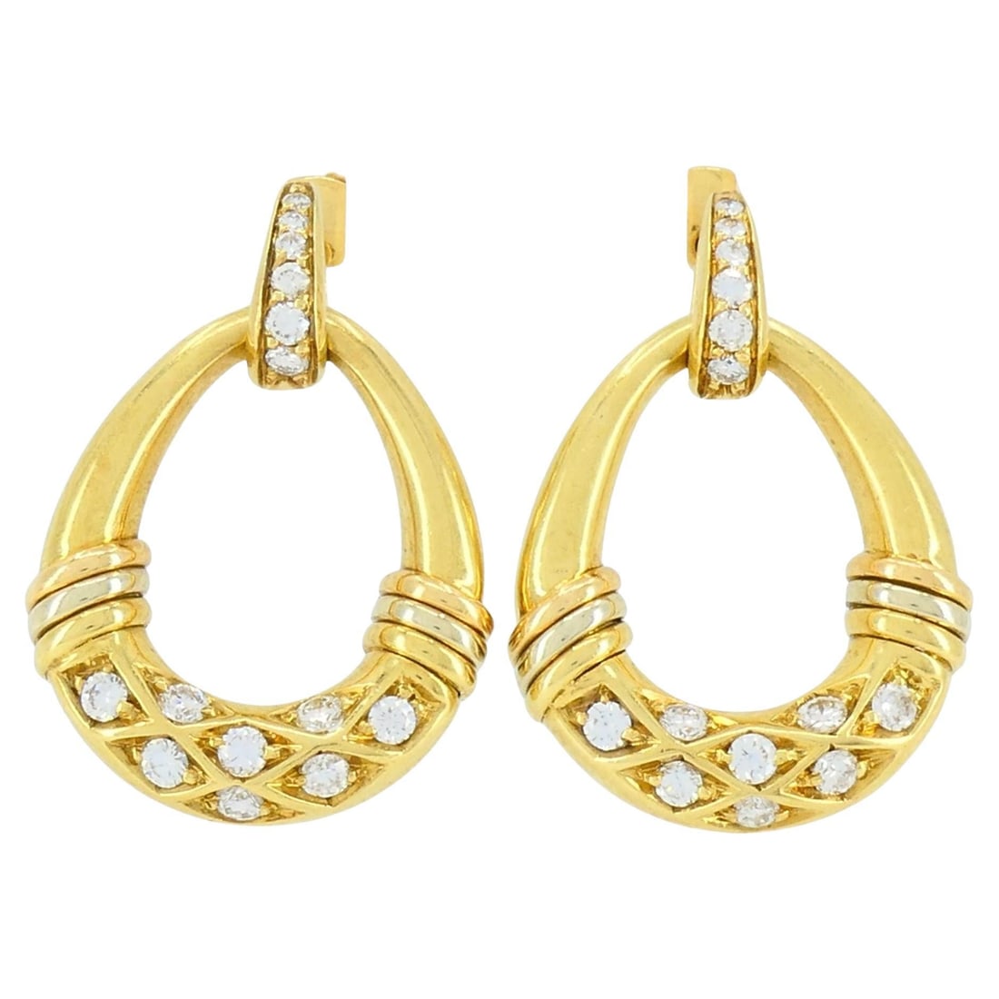 Vintage Cartier 18k Gold Trinity Diamond Mini Doorknocker Earrings: Title: Vintage Cartier 18k Gold Trinity Diamond Mini Doorknocker Earrings Description: About the Item These Cartier hoop earrings date to the 1980s and are crafted in 18k gold, signed Cartier, stamped