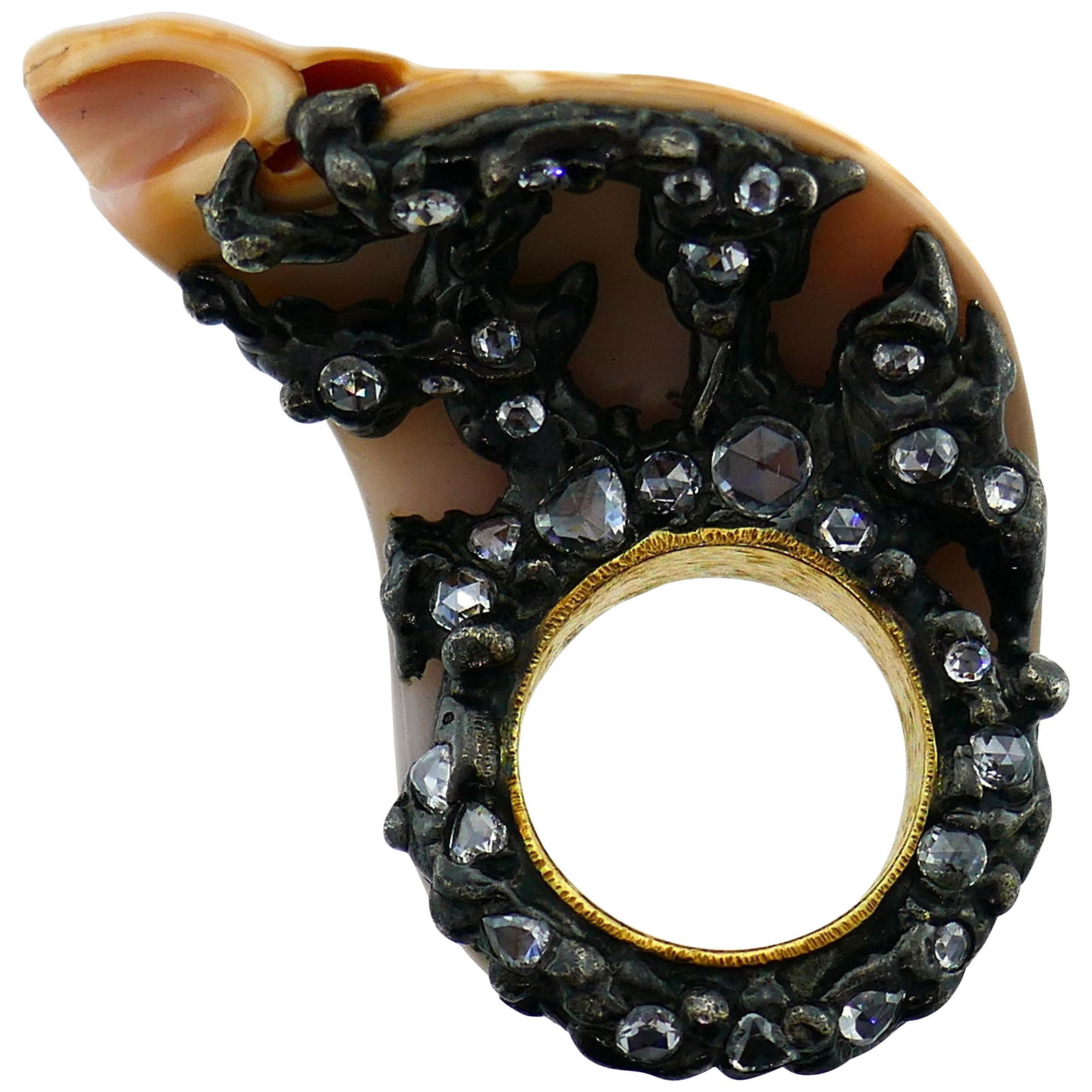 Shell Diamond Blackened Gold Ring - 7