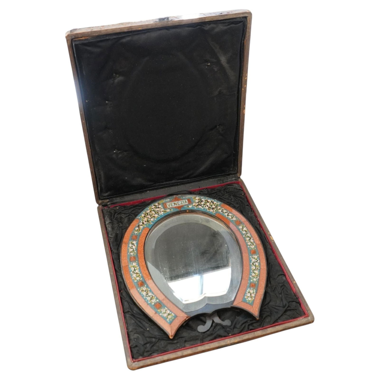 Antique 1900s Italian Micro Mosaic Horseshoe Mirror Stand w/ Box: Title: Antique 1900s Italian Micro Mosaic Horseshoe Mirror Stand w/ Box Description: About the Item Antique 1900s Italian Micro Mosaic Horseshoe Mirror Stand w/ Box Featuring floral motif using macro