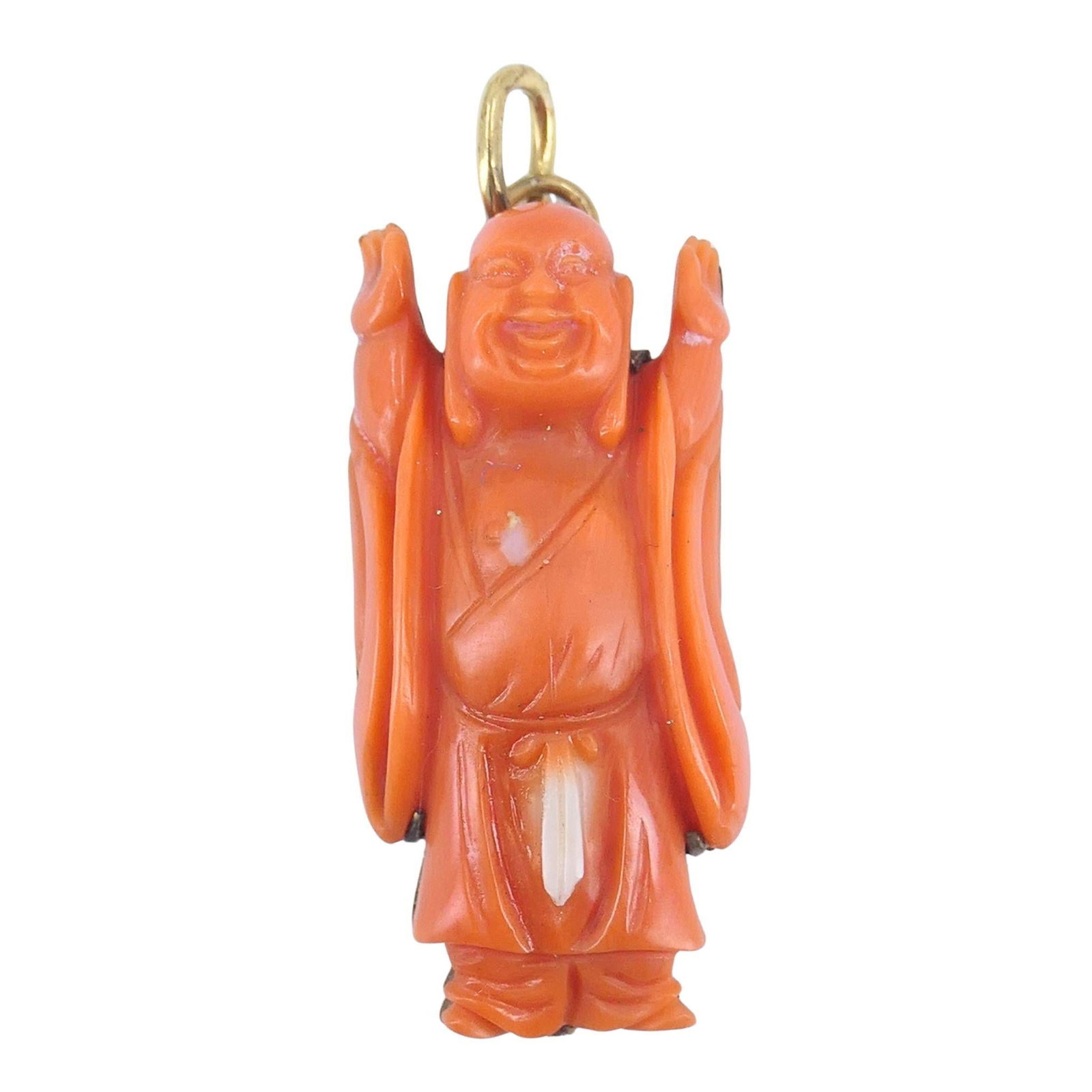 Vintage Coral Buddha Charm Pendant 10k Gold, Mid-20th Century, 4.2g: Title: Vintage Coral Buddha Charm Pendant 10k Gold, Mid-20th Century, 4.2g Description: About the Item Vintage coral Buddha charm carved in natural coral and mounted in 10k gold. The figure is