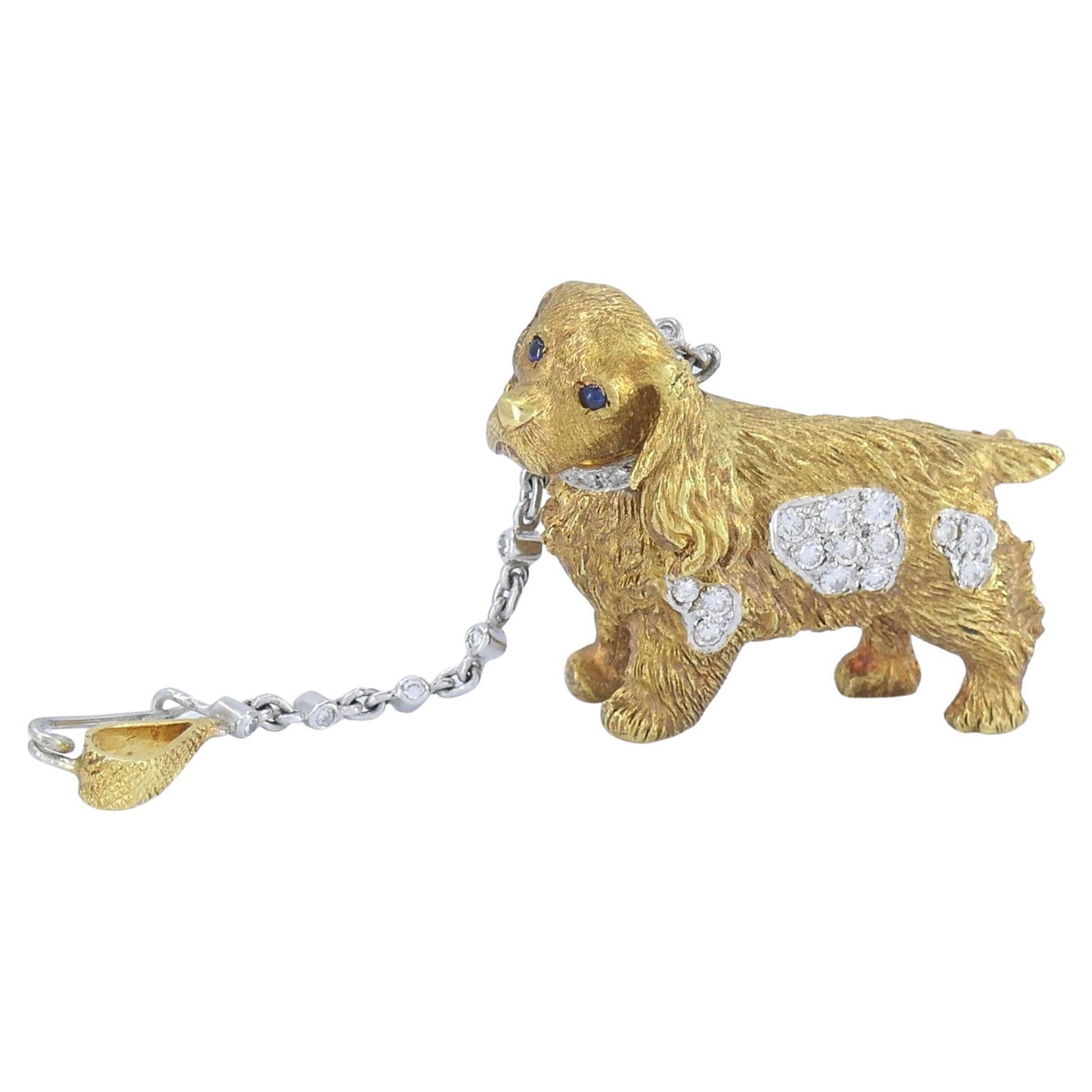 Vintage Asprey London 18k Gold Diamond Sapphire Cocker Spaniel Dog Brooch: Title: Vintage Asprey London 18k Gold Diamond Sapphire Cocker Spaniel Dog Brooch Description: About the Item This Asprey dog brooch is crafted in 18K gold and designed with finely detailed fur