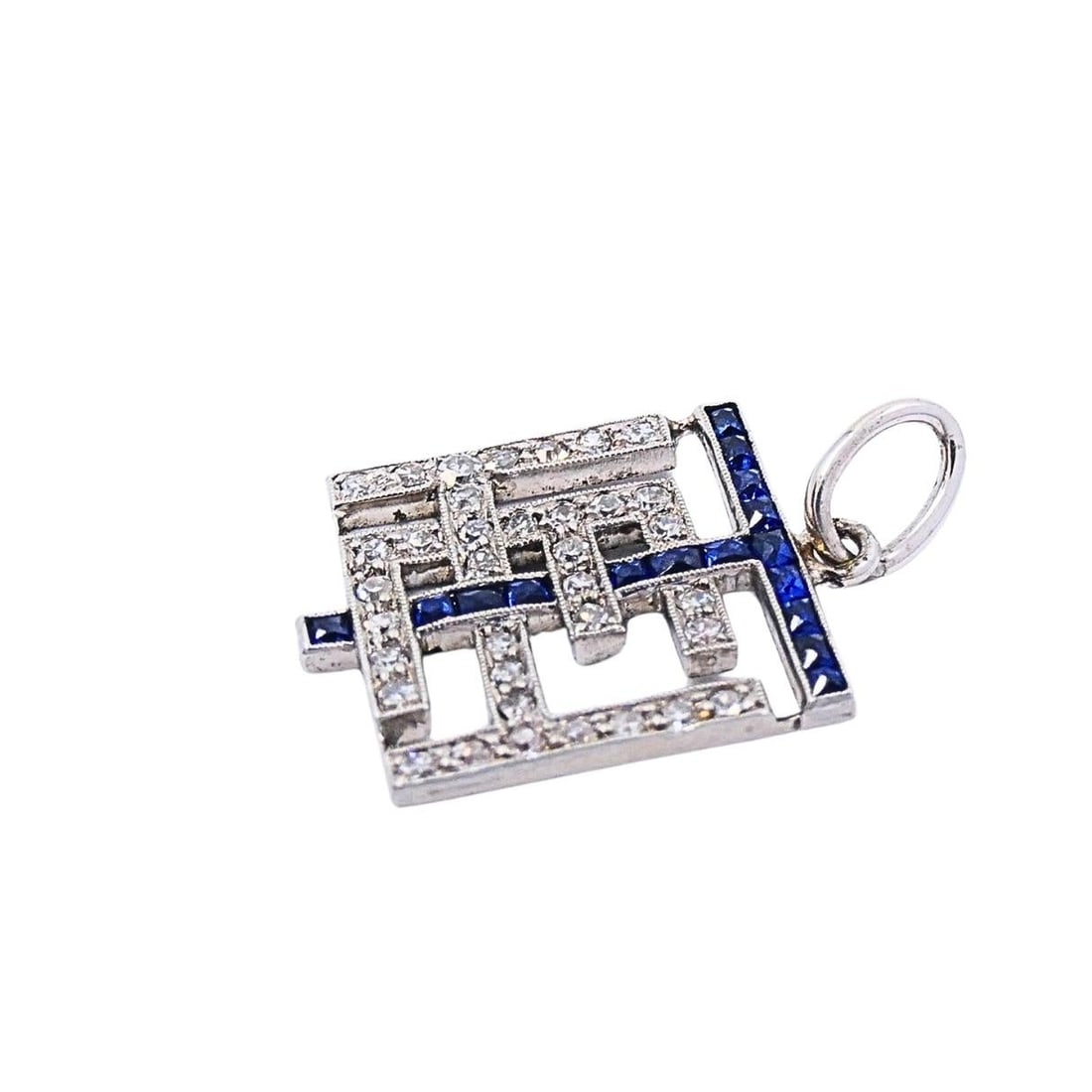 Antique Platinum Diamond Sapphire Geometric Pendant Charm - 13