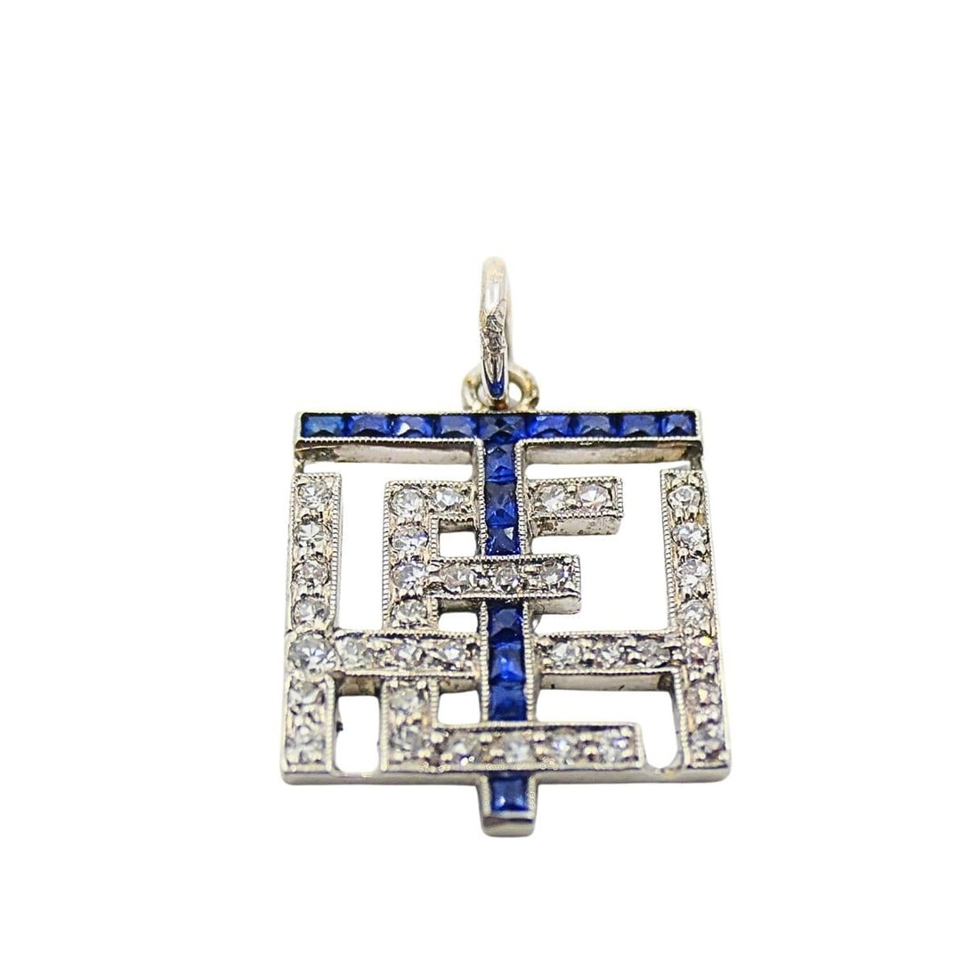 Antique Platinum Diamond Sapphire Geometric Pendant Charm - 14