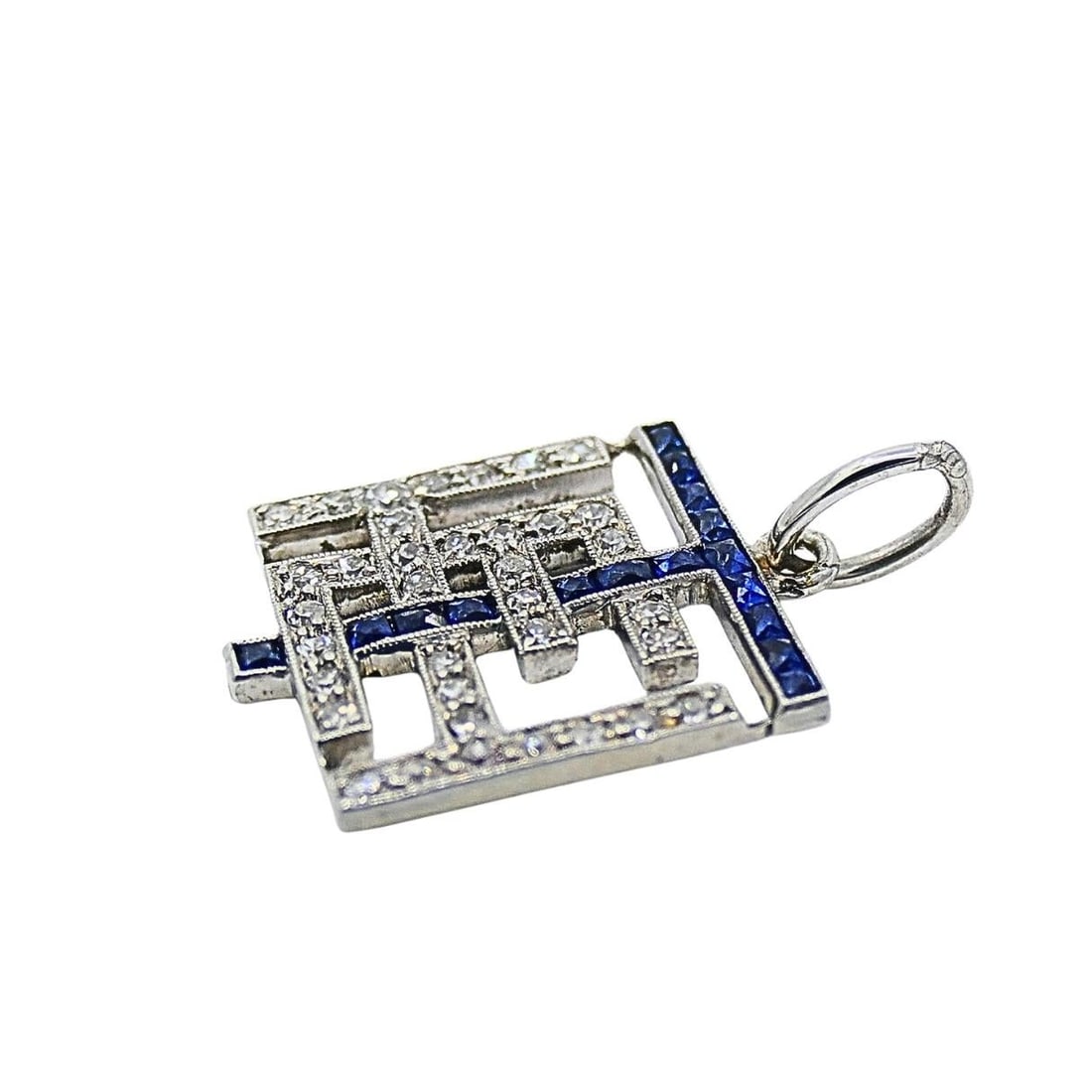 Antique Platinum Diamond Sapphire Geometric Pendant Charm - 2