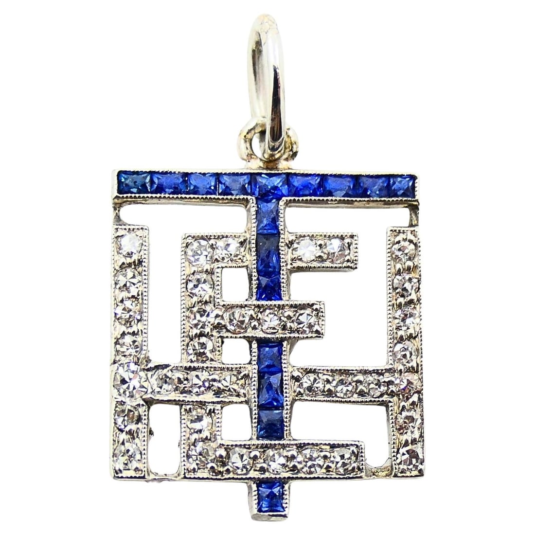 Antique Platinum Diamond Sapphire Geometric Pendant Charm - 7