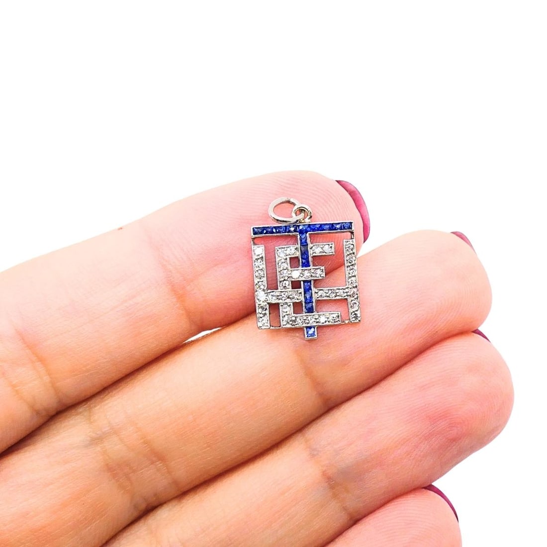 Antique Platinum Diamond Sapphire Geometric Pendant Charm - 9