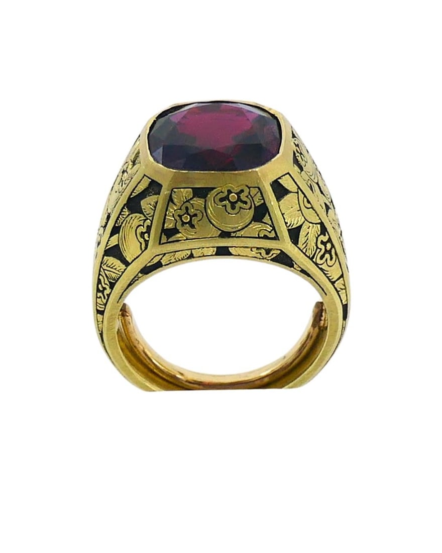 Garnet Ring Engraved 18k Gold Men Ring Cushion Cut - 10