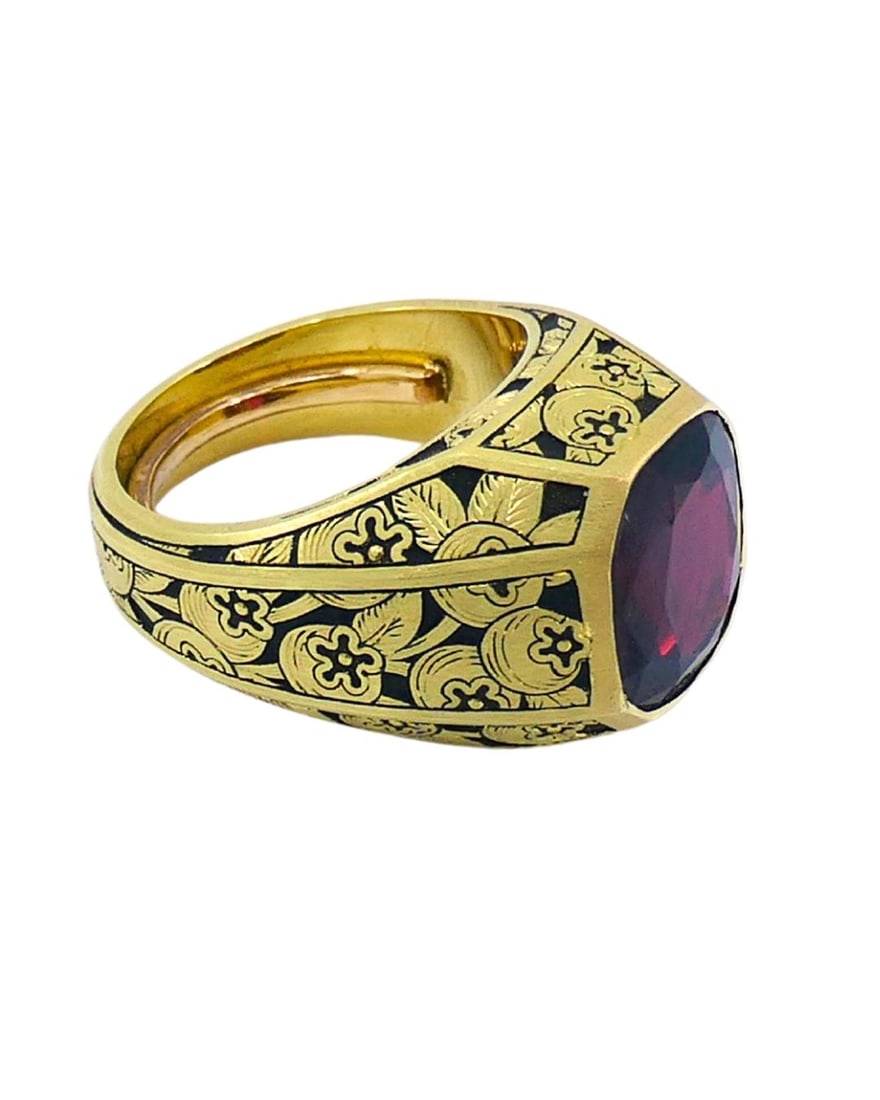 Garnet Ring Engraved 18k Gold Men Ring Cushion Cut - 11