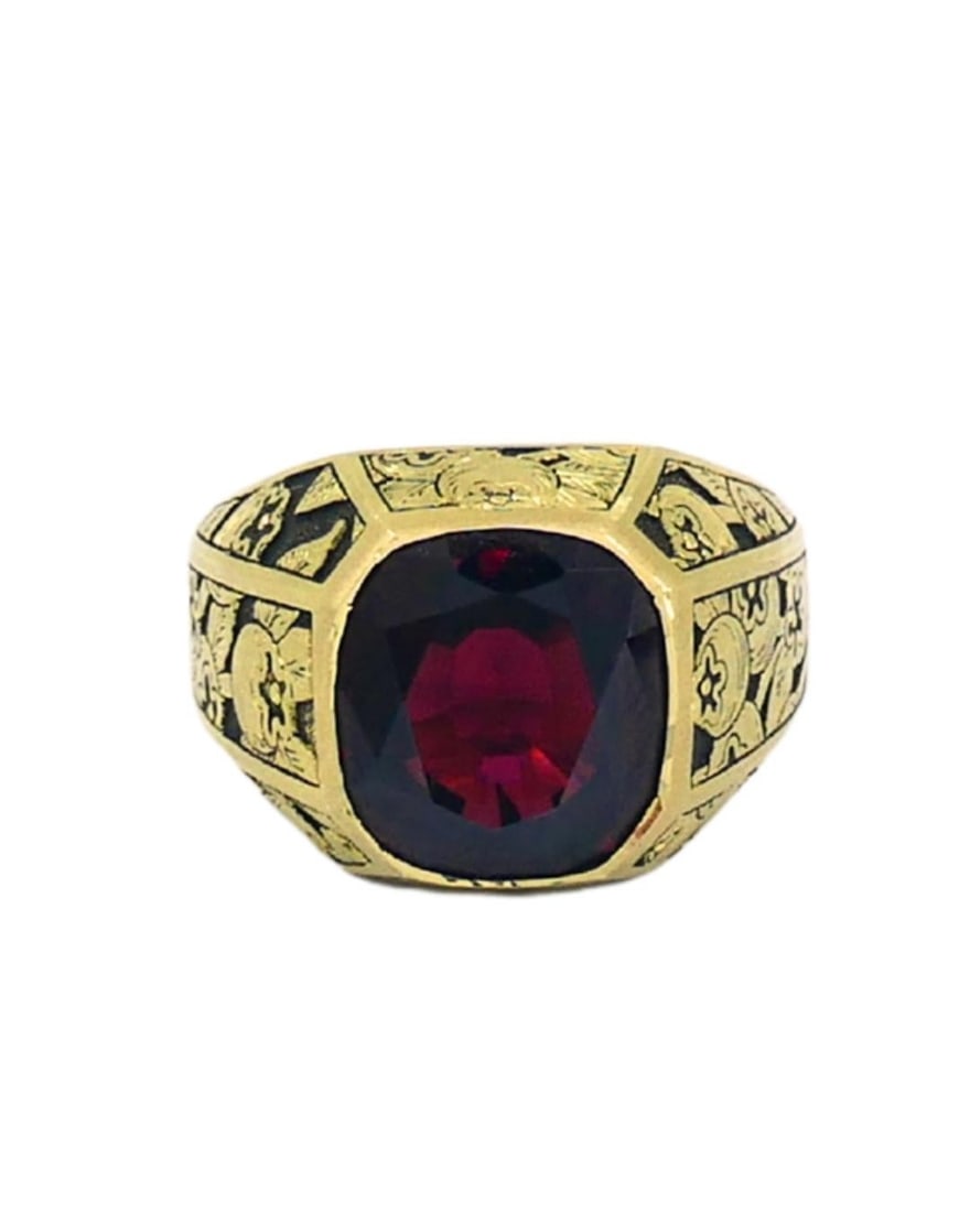 Garnet Ring Engraved 18k Gold Men Ring Cushion Cut - 12