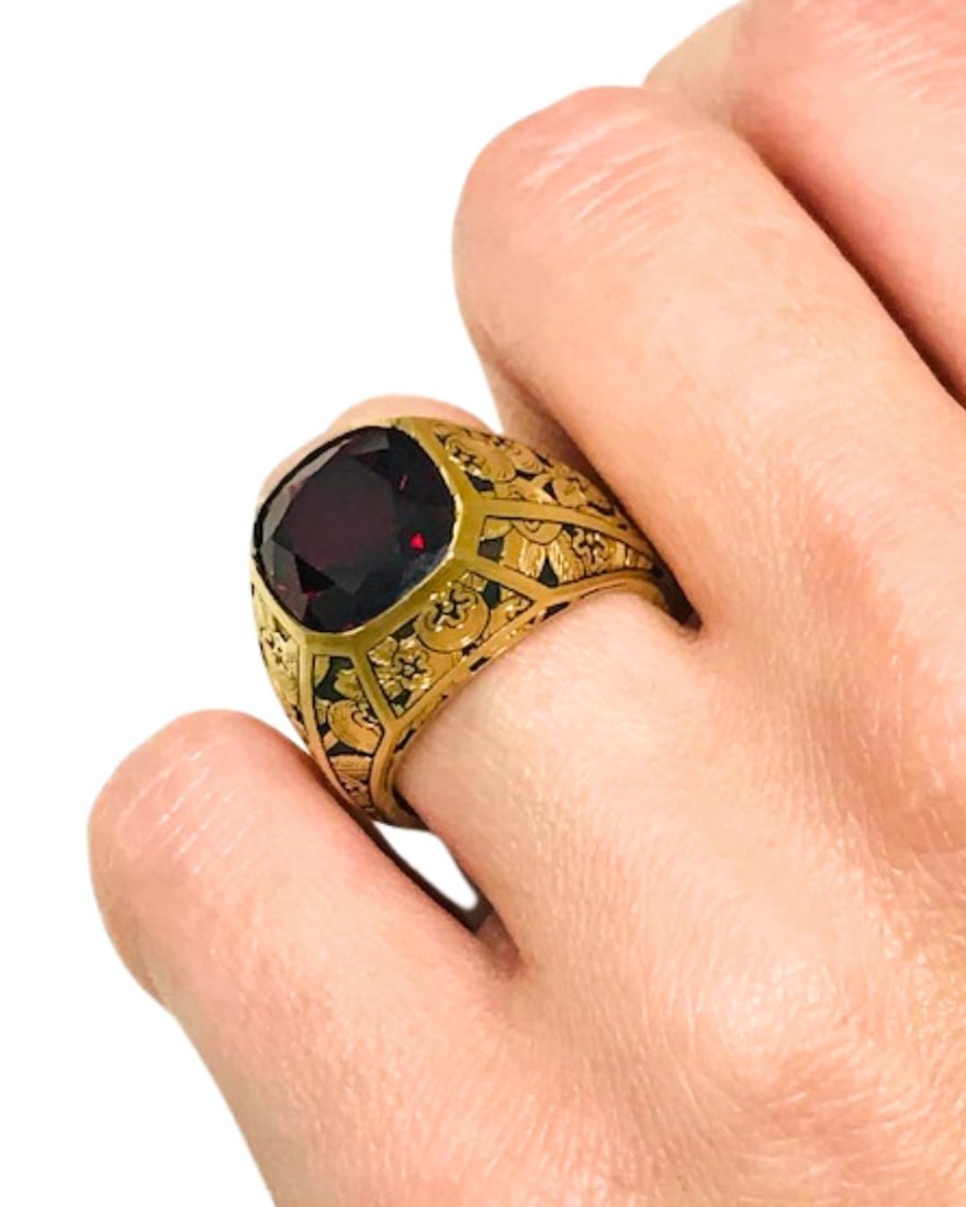 Garnet Ring Engraved 18k Gold Men Ring Cushion Cut - 17