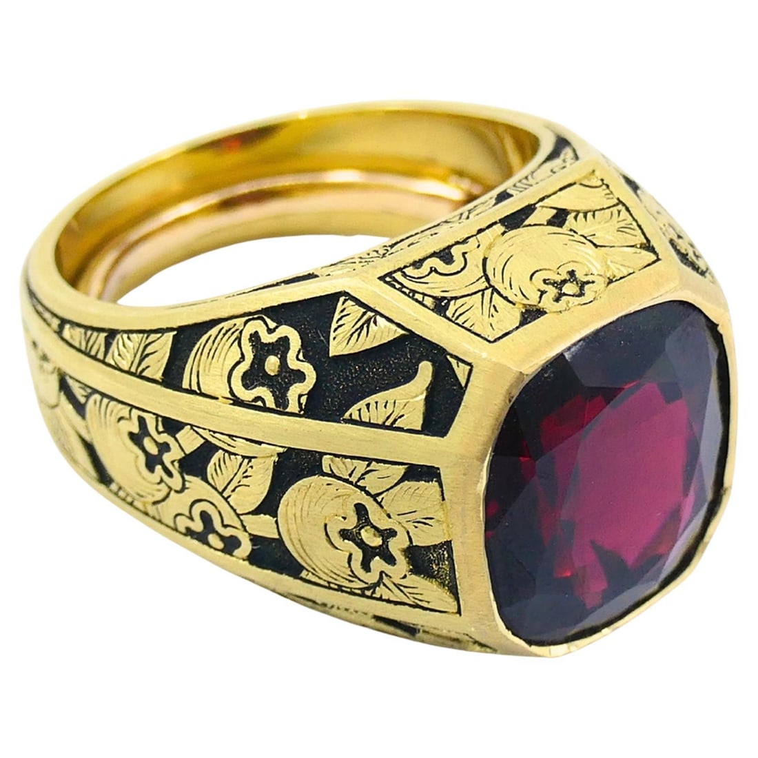 Garnet Ring Engraved 18k Gold Men Ring Cushion Cut - 18
