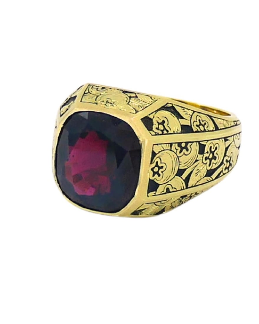 Garnet Ring Engraved 18k Gold Men Ring Cushion Cut - 2