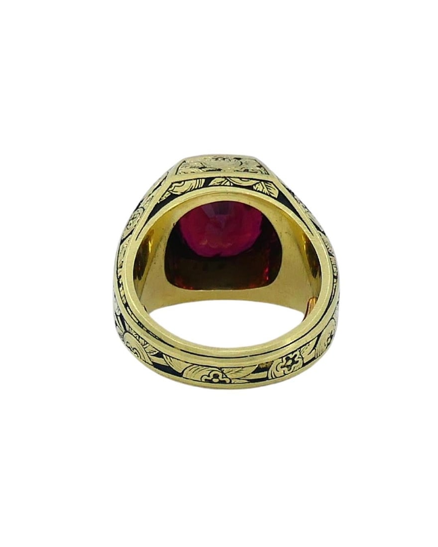 Garnet Ring Engraved 18k Gold Men Ring Cushion Cut - 4