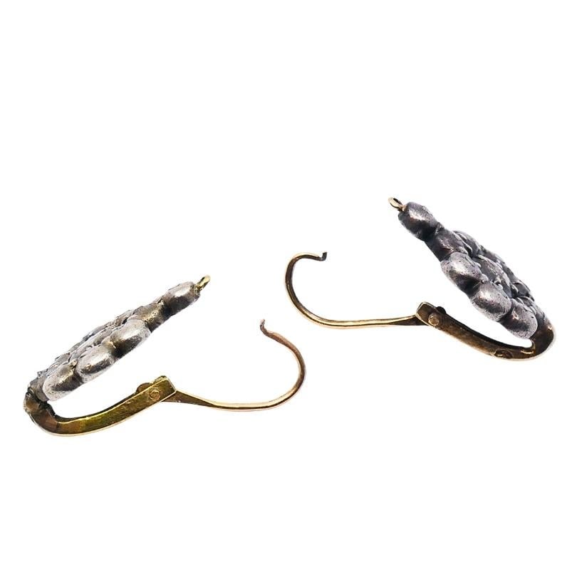 Georgian Silver Floral Diamond Cluster Earrings 14k Gold Ear Wires, 1830s - 11