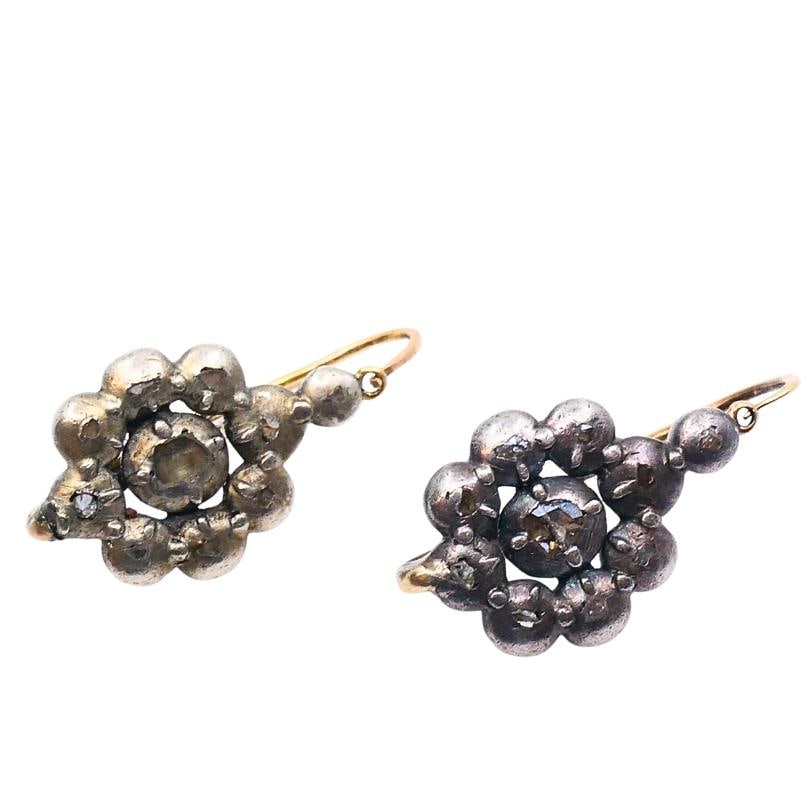 Georgian Silver Floral Diamond Cluster Earrings 14k Gold Ear Wires, 1830s - 14