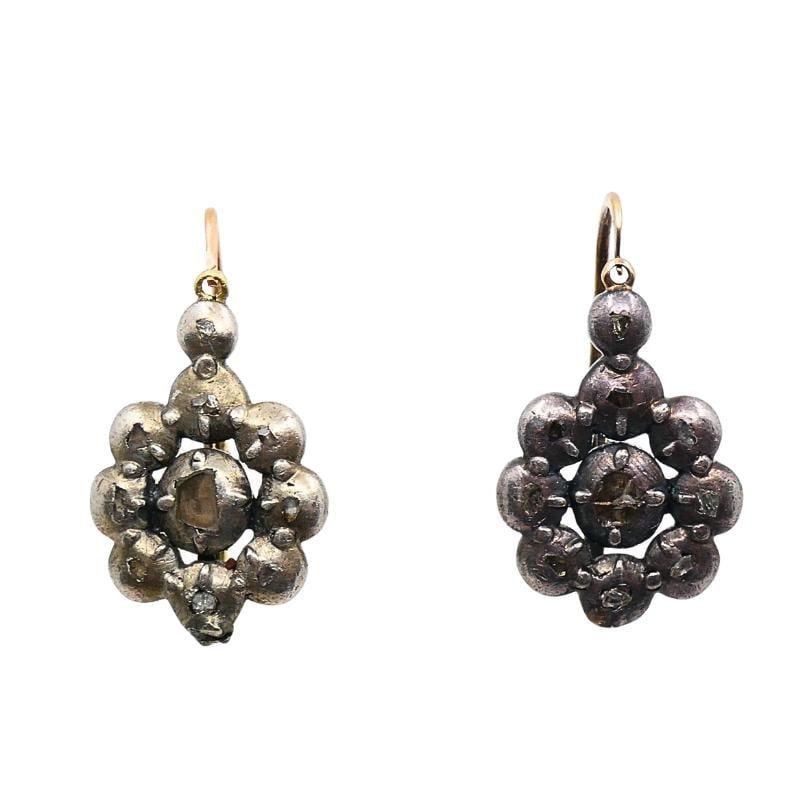 Georgian Silver Floral Diamond Cluster Earrings 14k Gold Ear Wires, 1830s - 2