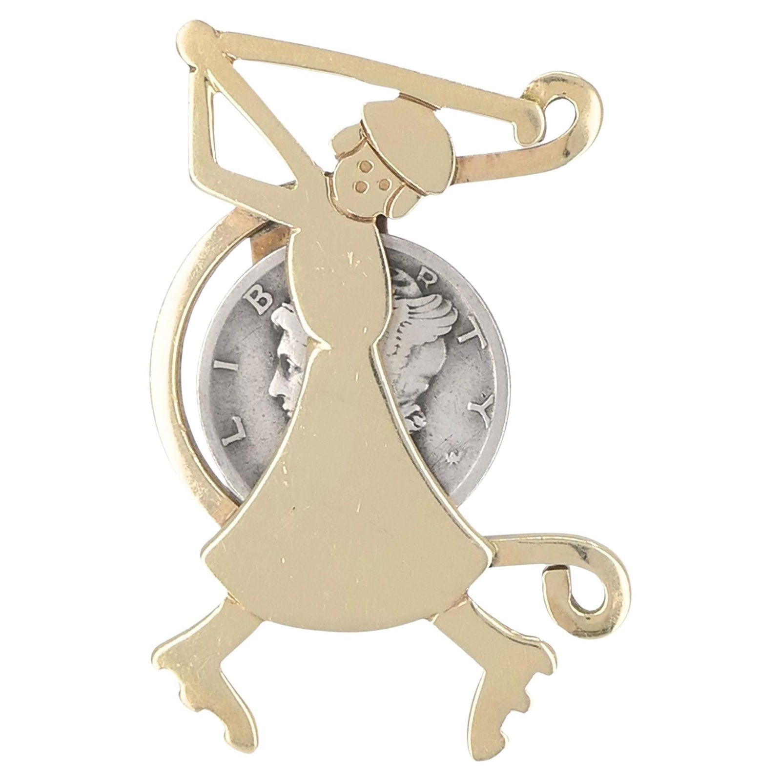 Vintage 14K Gold Monsco Golfer Brooch with Mercury Dime, Mid-Century: Title: Vintage 14K Gold Monsco Golfer Brooch with Mercury Dime, Mid-Century Description: About the Item Vintage 14K gold golfer brooch attributed to MONSCO, a mid-century American manufacturer active