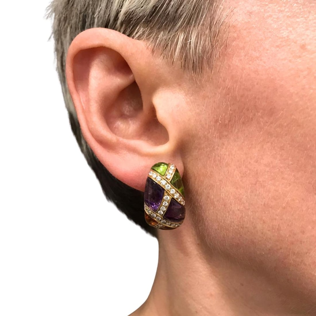 Bvlgari Vintage Bulgari Huggie Earrings Gold Diamond Gemstones - 6