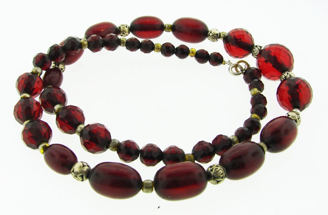 GORGEOUS Silver & Polished Amber Beaded Necklace Circa 1900s! - 2