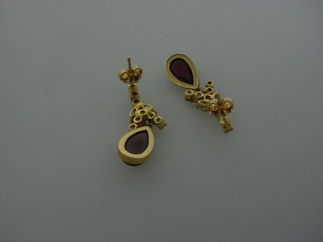 14K YELLOW GOLD DIAMOND GARNET DANGLE GORGEOUS EARRINGS STAMPED - 4