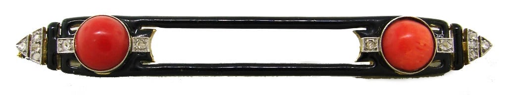 MARCHAK Coral Diamond Enamel Gold PIN BROOCH 1920s: Title: MARCHAK Coral Diamond Enamel Gold PIN BROOCH 1920s Description: Art Deco 1920s, Diamond, Coral Enamel Platinum & Gold Pin by Marchak Classy and unique Art Deco jewelry piece tastefully made