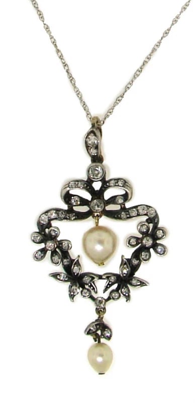 GOLD & SILVER PENDANT WITH DIAMONDS & NATURAL PEARLS (1 of 2)