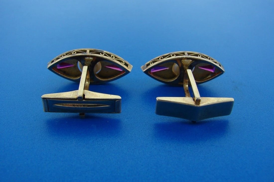 LUXURIOUS 14k Yellow Gold, Pearl & Ruby Cufflinks - 3