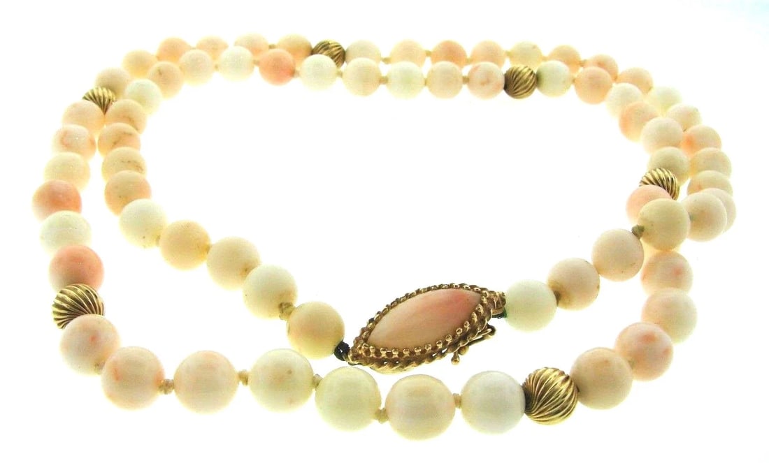CLASSIC 14k Yellow Gold & Angel Skin Coral Beaded Necklace Circa 1950s - 2