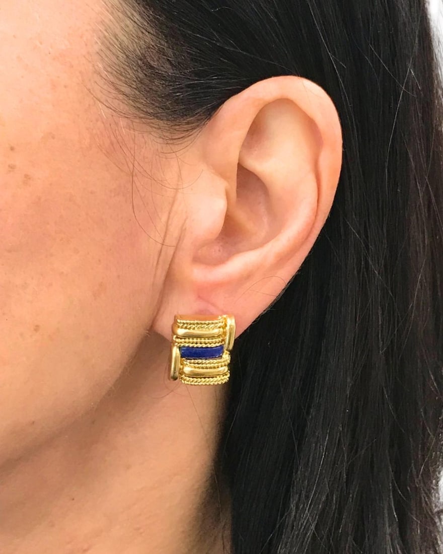 Vintage Aldo Cipullo for Cartier 18 Gold Earrings Lapis Lazuli - 16