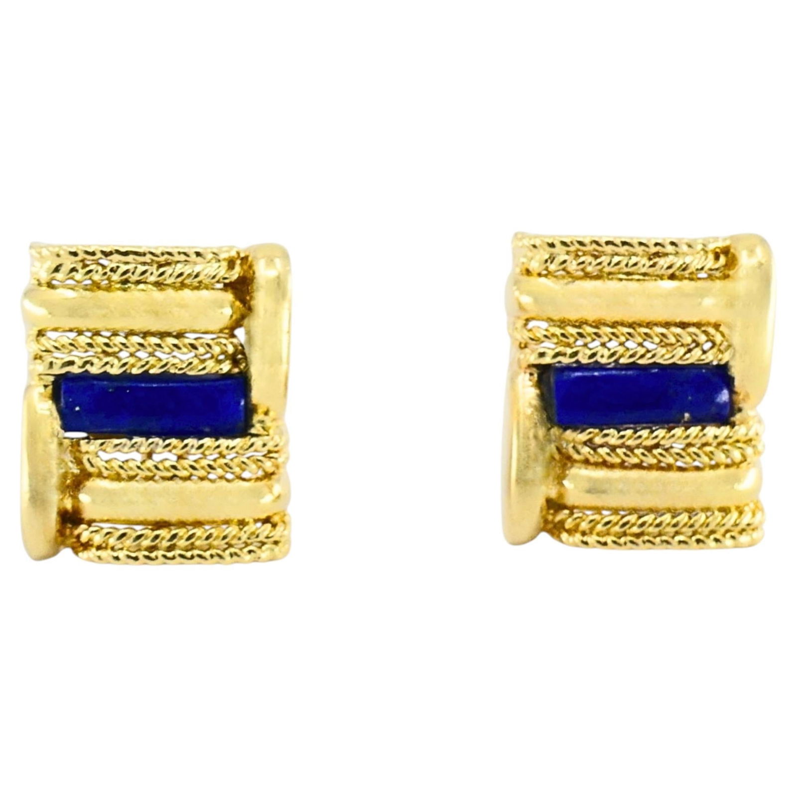 Vintage Aldo Cipullo for Cartier 18 Gold Earrings Lapis Lazuli: Title: Vintage Aldo Cipullo for Cartier 18 Gold Earrings Lapis Lazuli Description: About the Item A pair of vintage Aldo Cipullo for Cartier earrings, circa 1972, made of 18k gold and lapis lazuli. Th