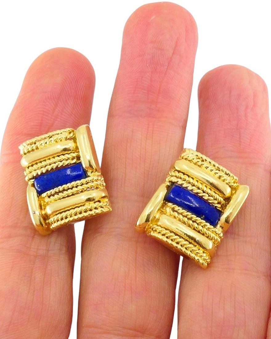 Vintage Aldo Cipullo for Cartier 18 Gold Earrings Lapis Lazuli - 5
