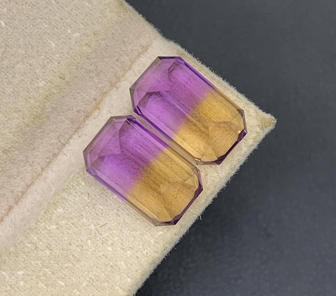 Emerald Cut Bolivian Ametrine Gemstone Pair: 11.30 CT, Royal Purple/Mango Yellow - 2