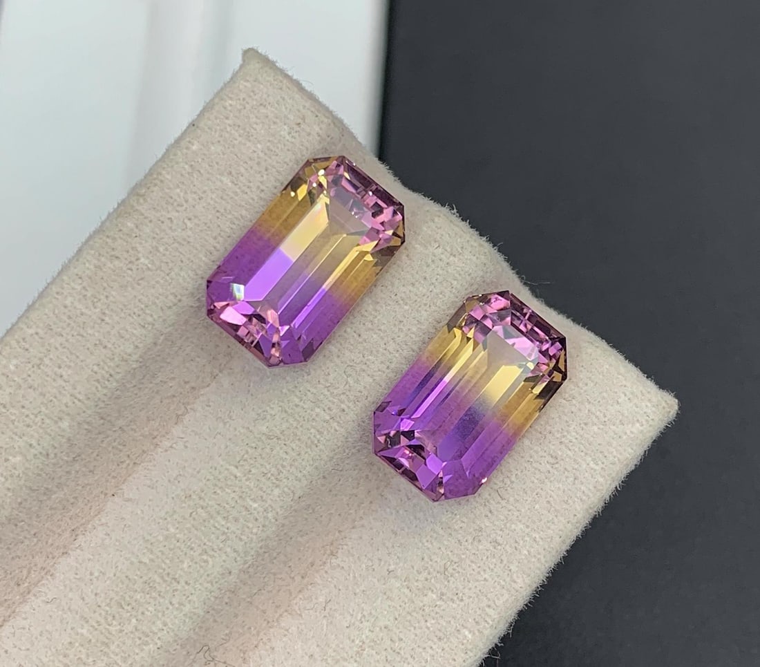 Emerald Cut Bolivian Ametrine Gemstone Pair: 11.30 CT, Royal Purple/Mango Yellow - 7