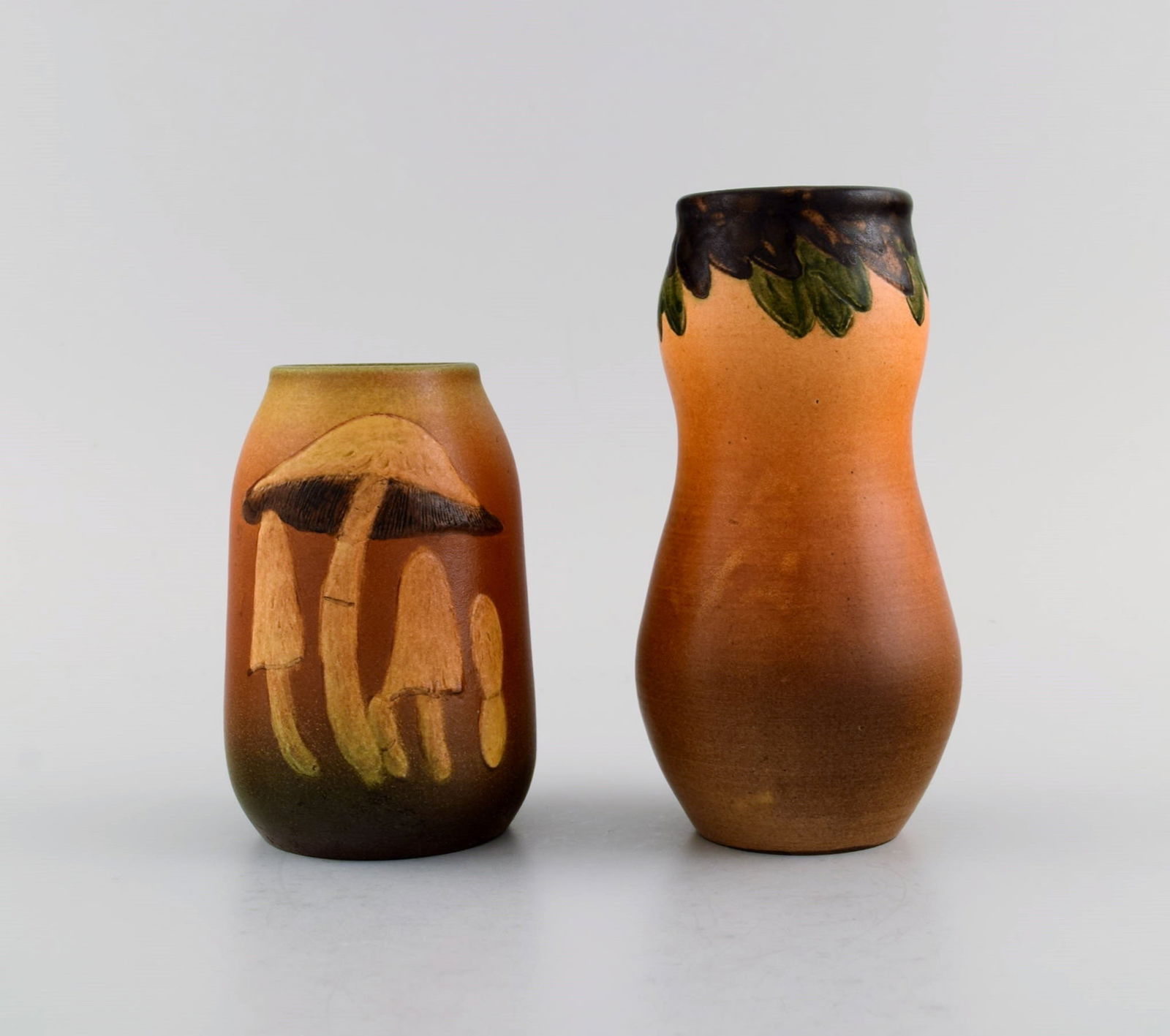 Ipsen's, Denmark. Two vases in hand-painted and glazed ceramics. Mushrooms and foliage. 1920s / 30s. (1 of 6)