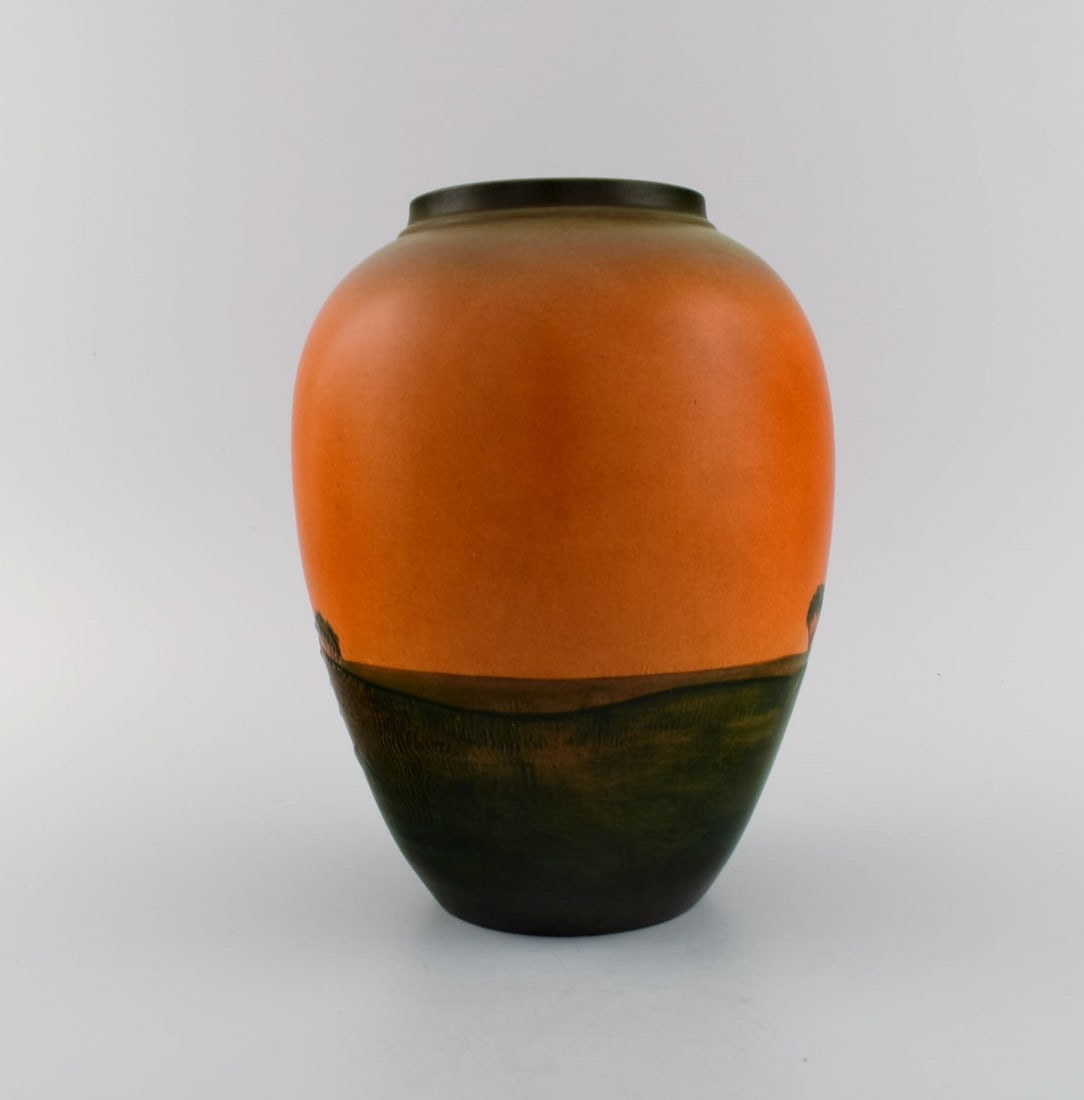 Ipsen's, Denmark. Vase in glazed ceramics. Hand-painted landscape with burial mound. 1920s / 30s. - 3