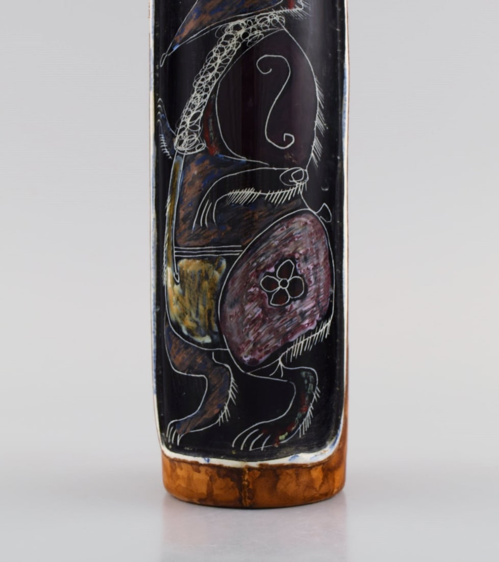 Fidia, Italy. Vase in leather covered ceramics with hand-painted rat. 1960s. - 3