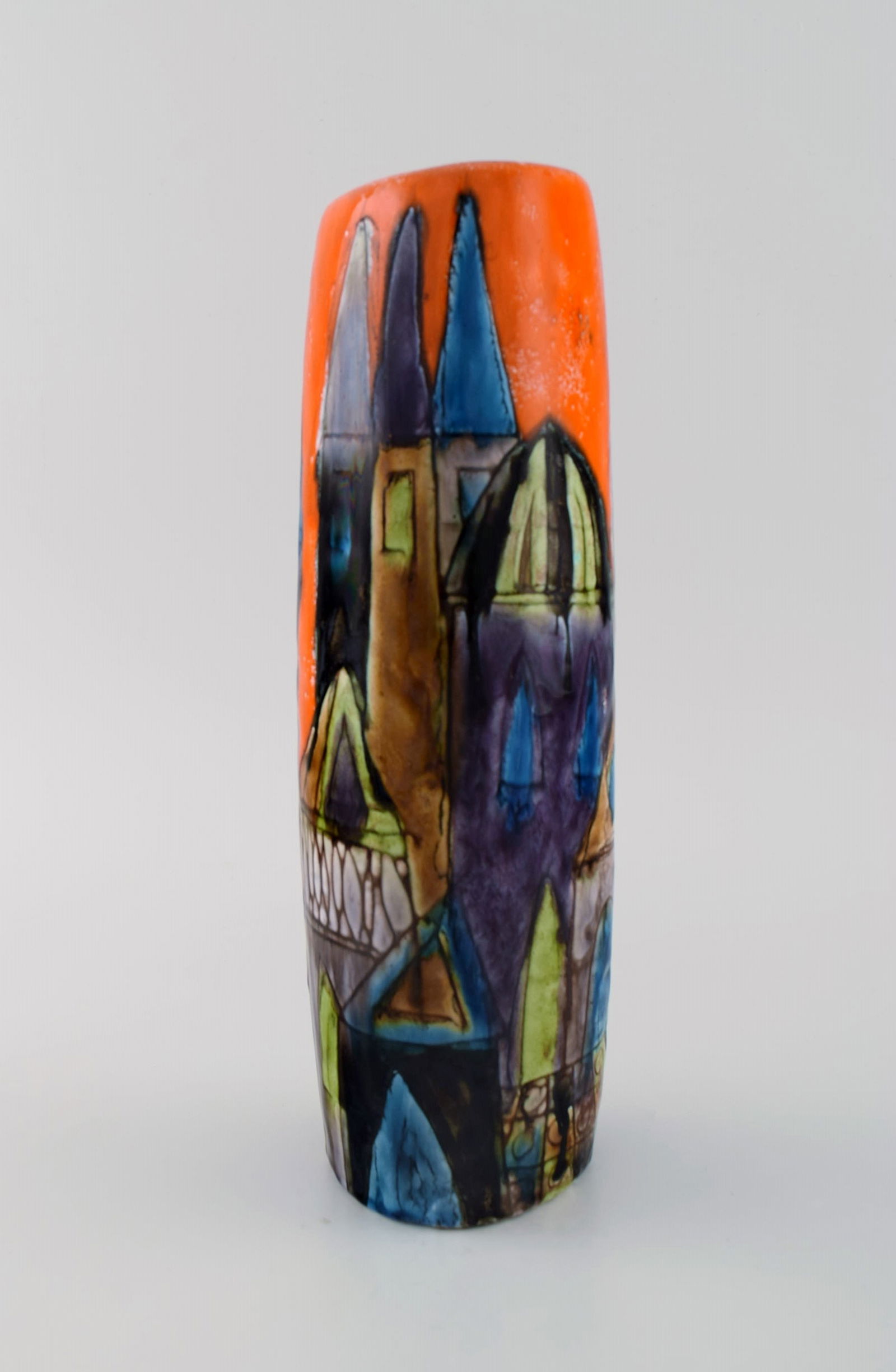 Elio Schiavon (1925-2004), Italy. Unique vase in glazed ceramics with hand-painted city motif. (1 of 6)