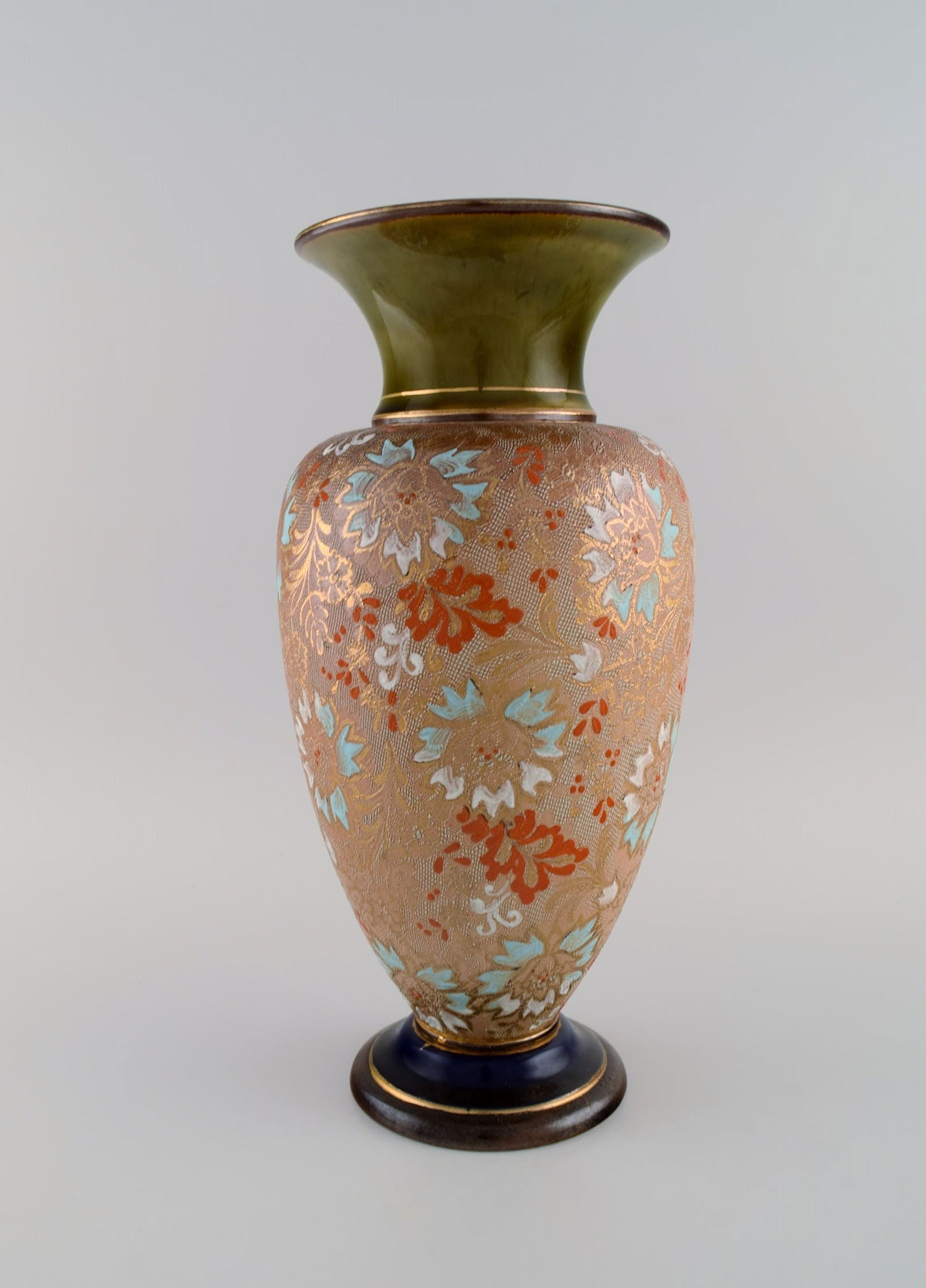 Large Doulton Lambeth pottery vase with hand-painted flowers and gold decoration. Early 20th (1 of 8)