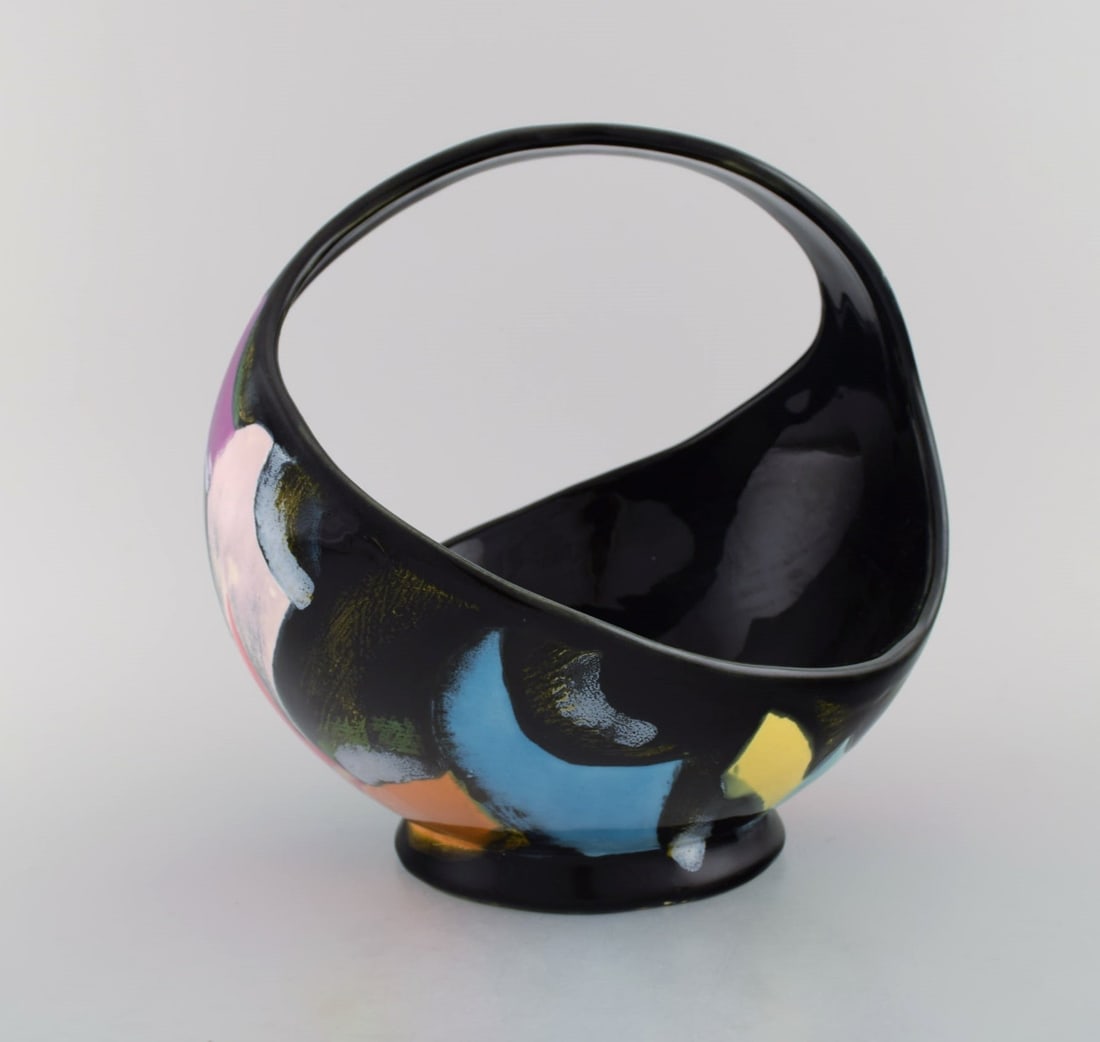 Longwy, France. Equinoxe basket in glazed ceramics. Abstract polychrome decoration on black - 4